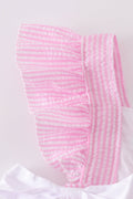 Pink seersucker bloomer set with cross floral embroidery, perfect for spring outings.