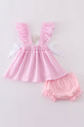 Pink seersucker bloomer set with cross floral embroidery, perfect for spring outings.