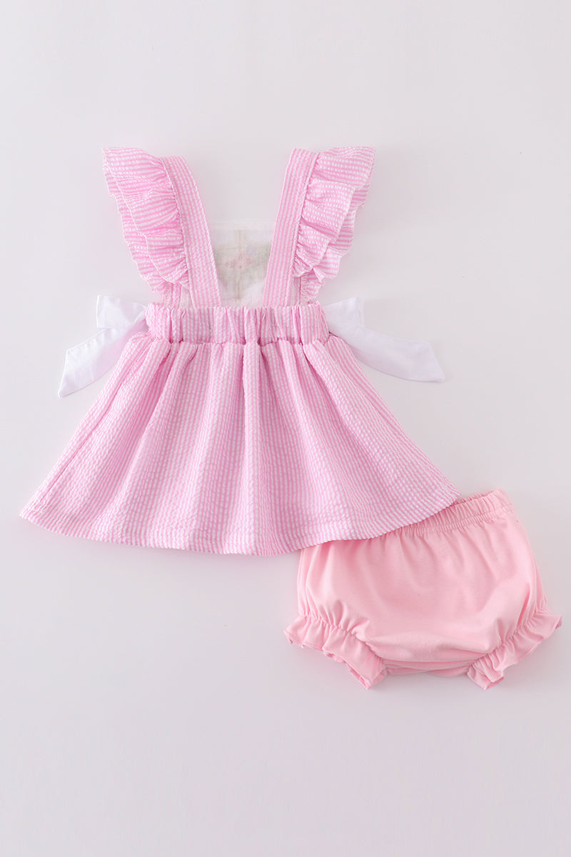 Pink seersucker bloomer set with cross floral embroidery, perfect for spring outings.
