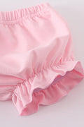 Pink seersucker bloomer set with cross floral embroidery, perfect for spring outings.