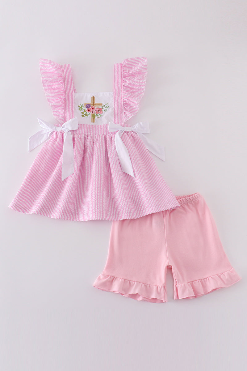 Pink seersucker floral embroidery set with ruffled sleeves, perfect for spring outings.