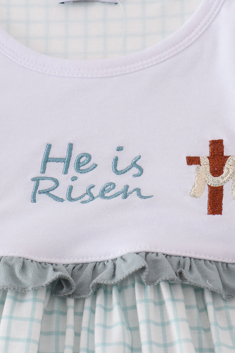 Blue children's outfit with "He is Risen" embroidery, perfect for Easter celebrations.