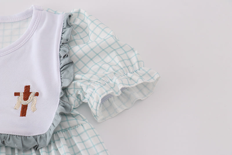 Blue children's outfit with "He is Risen" embroidery, perfect for Easter celebrations.