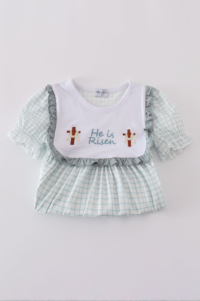 Blue children's outfit with "He is Risen" embroidery, perfect for Easter celebrations.