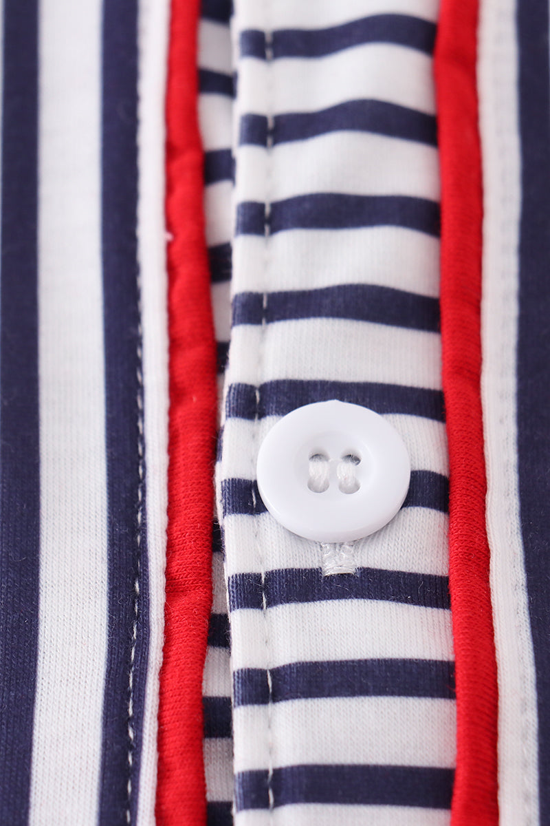 Children's baseball-themed outfit with colorful stripes and playful embroidery.