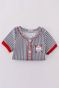 Children's baseball-themed outfit with colorful stripes and playful embroidery.