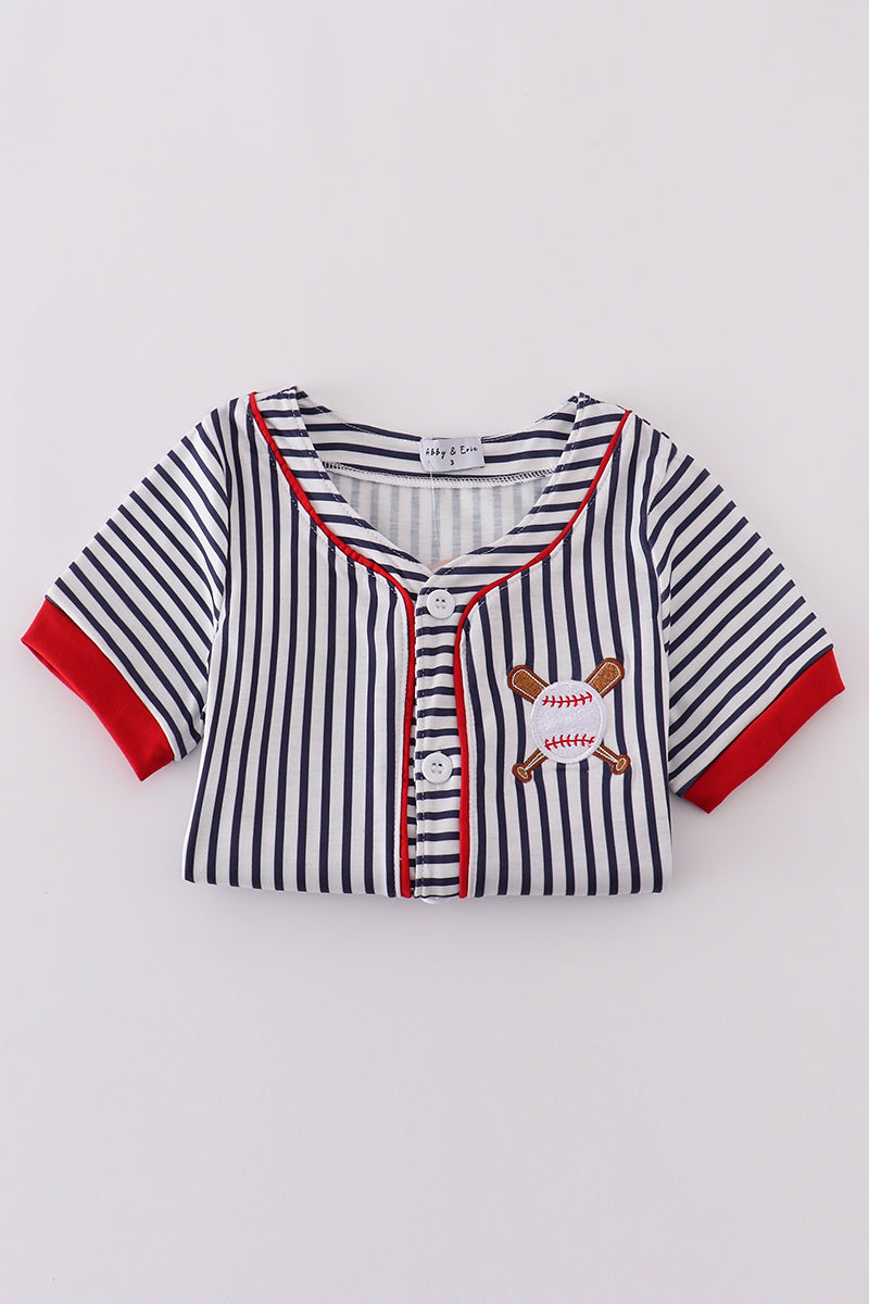 Children's baseball-themed outfit with colorful stripes and playful embroidery.