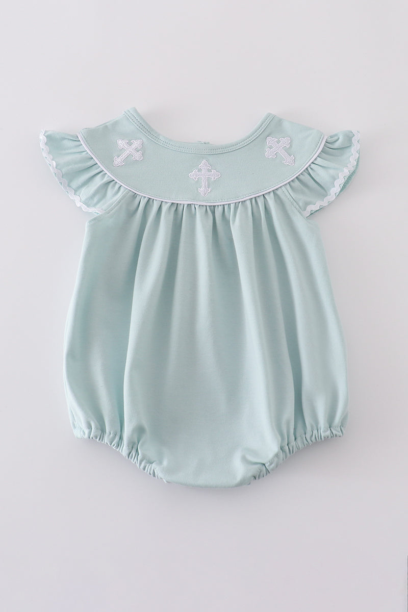 Blue cross embroidery bubble romper with ruffled sleeves, perfect for special occasions.
