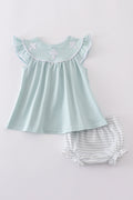 Blue cross embroidery bloomer set with ruffled sleeves, perfect for special occasions.