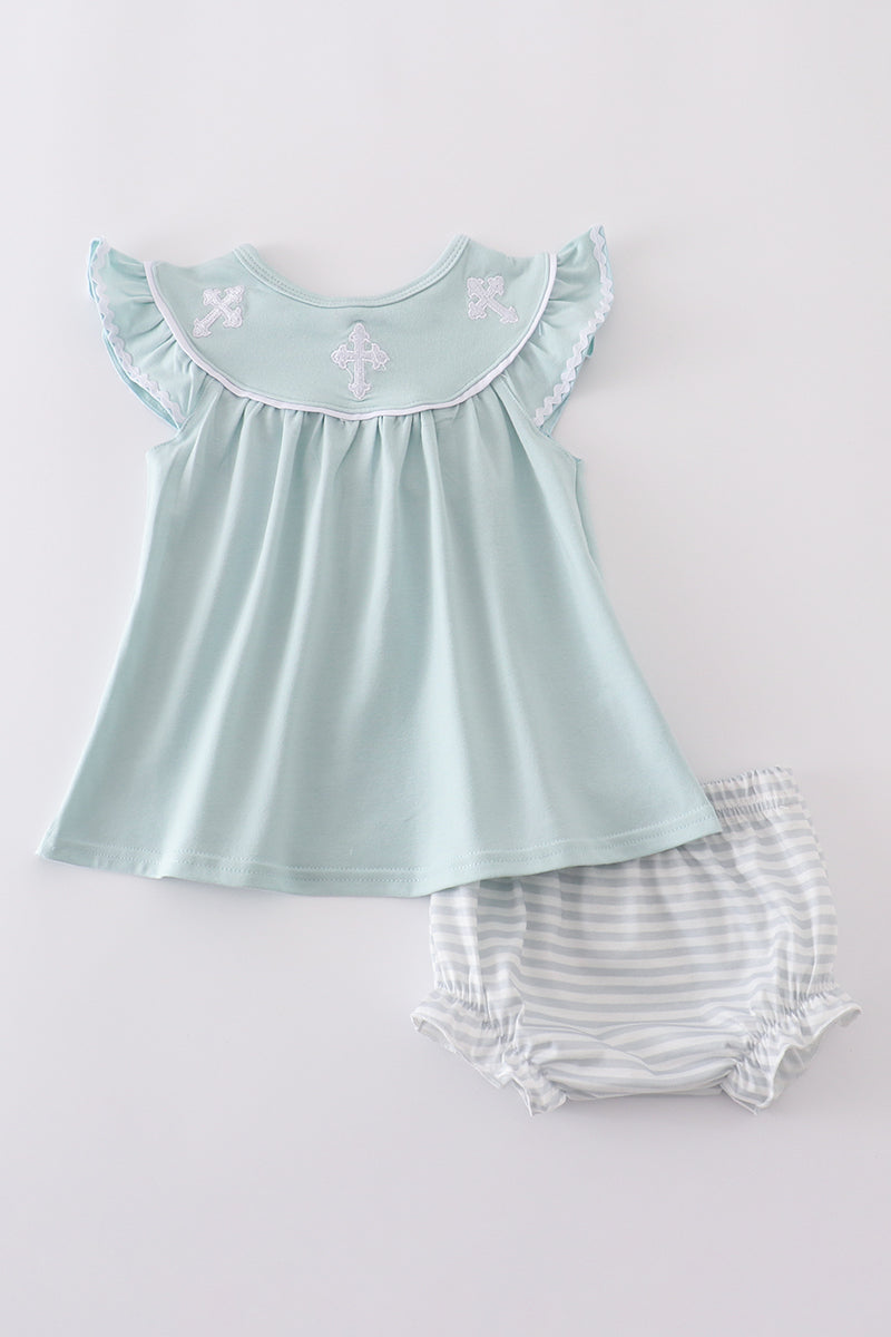 Blue cross embroidery bloomer set with ruffled sleeves, perfect for special occasions.