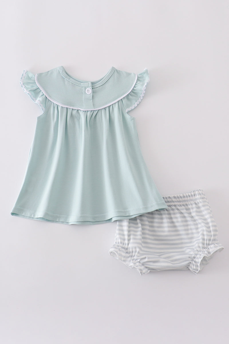 Blue cross embroidery bloomer set with ruffled sleeves, perfect for special occasions.