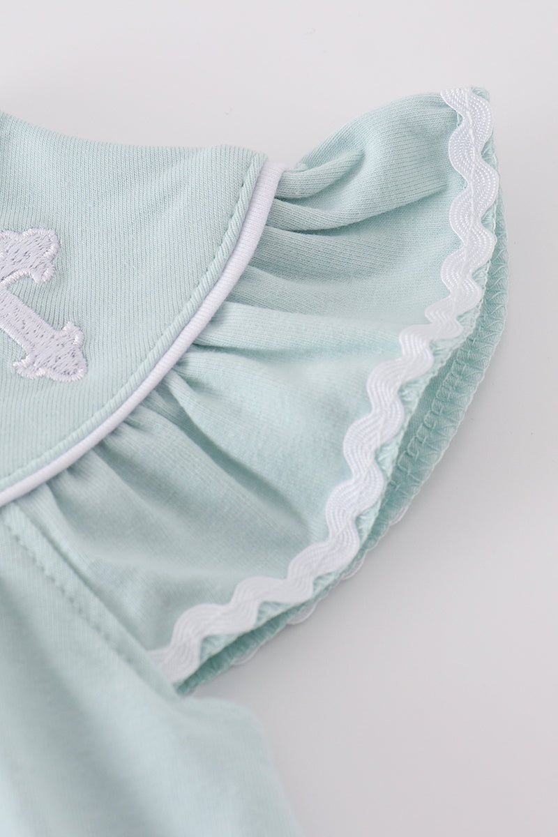 Blue cross embroidery bloomer set with ruffled sleeves, perfect for special occasions.