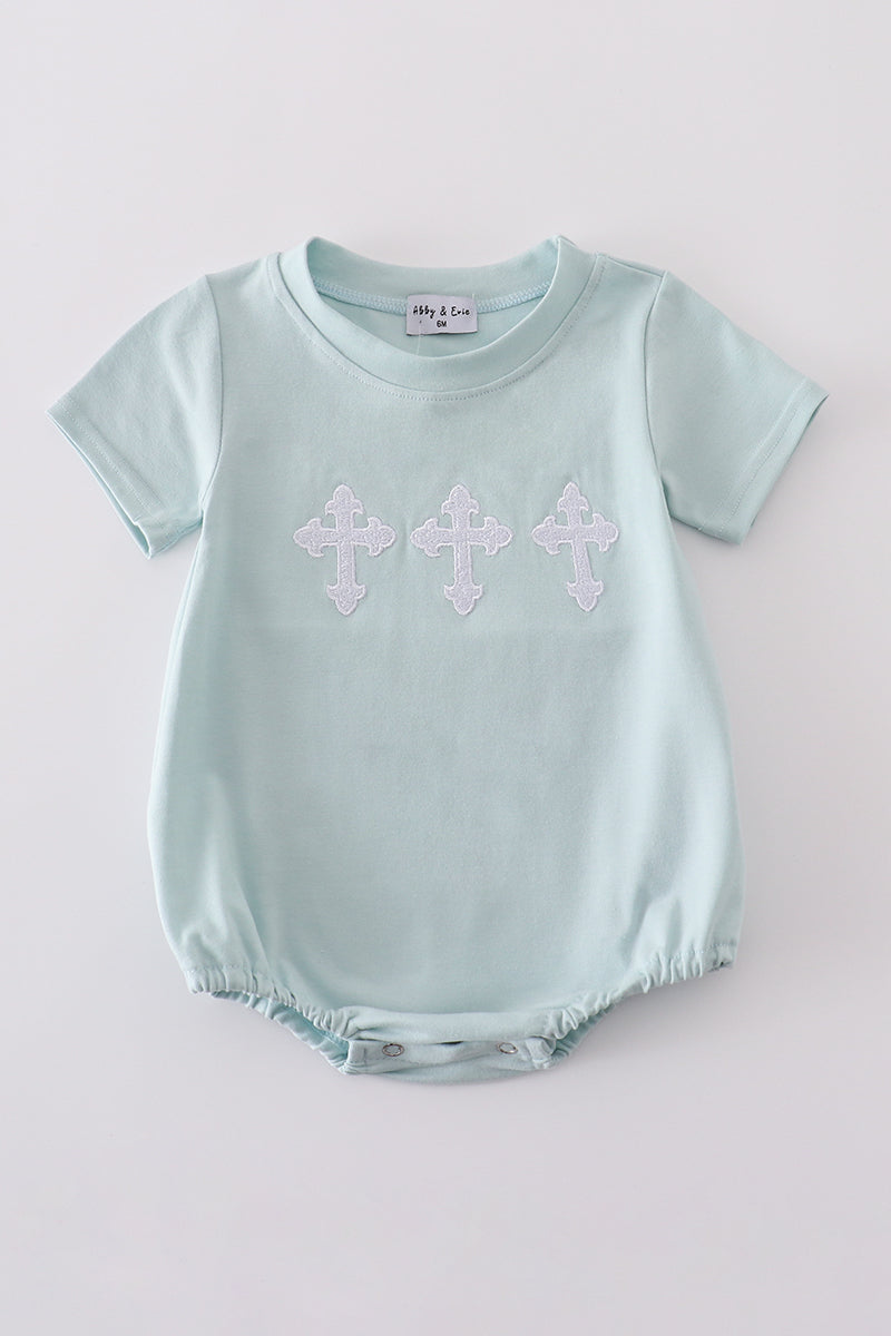 Blue cross embroidery bubble romper with puff sleeves, perfect for special occasions.