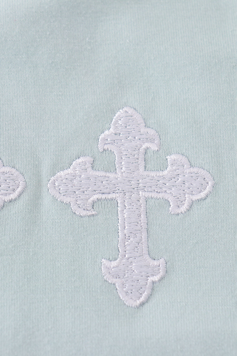 Blue cross embroidery bubble romper with puff sleeves, perfect for special occasions.