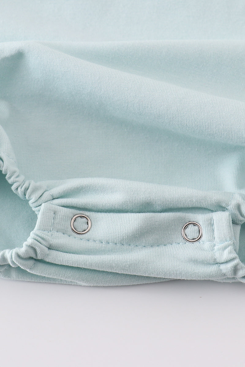 Blue cross embroidery bubble romper with puff sleeves, perfect for special occasions.