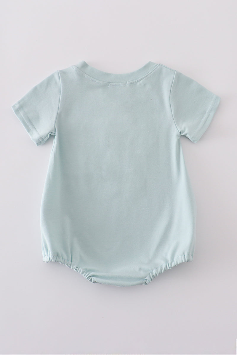 Blue cross embroidery bubble romper with puff sleeves, perfect for special occasions.
