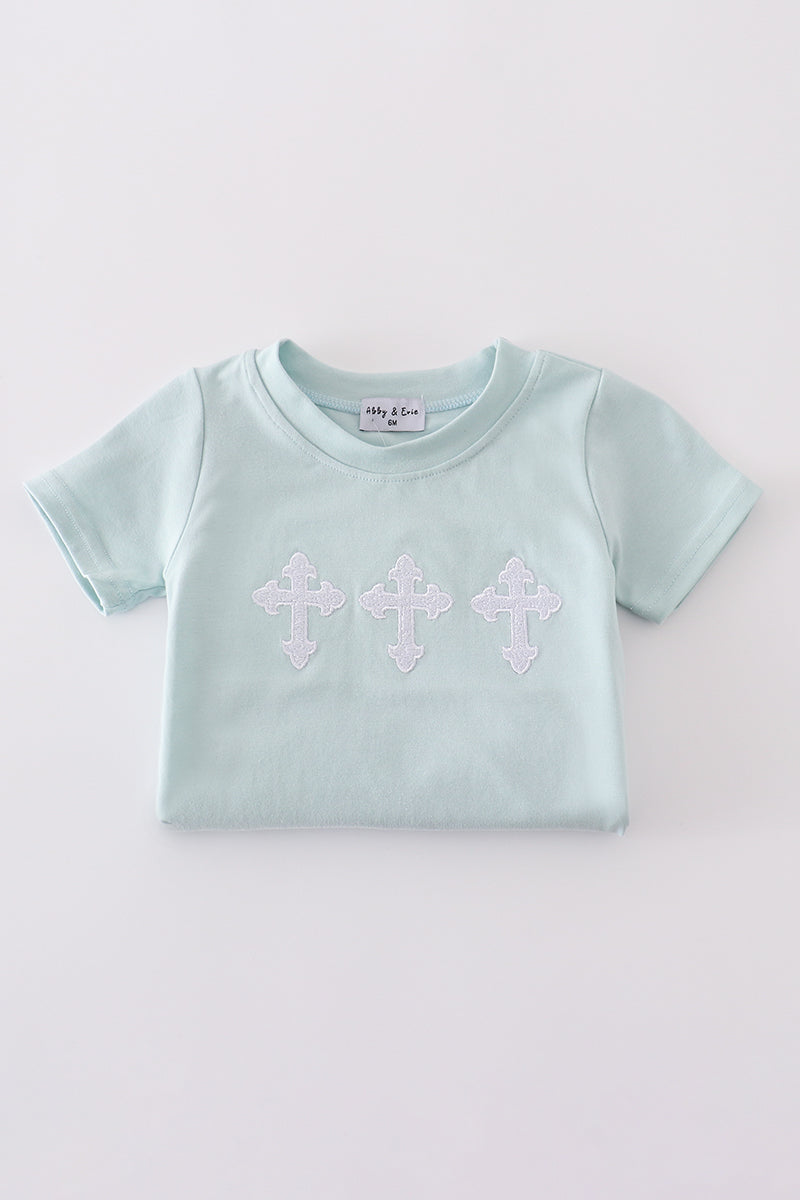 Blue cross embroidery bubble romper with puff sleeves, perfect for special occasions.