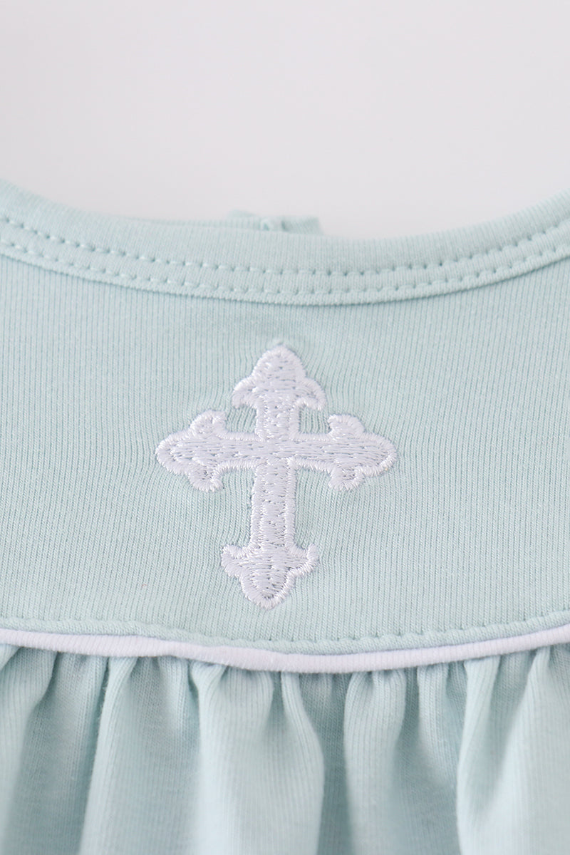 Blue cross embroidery dress for children, featuring playful patterns and soft fabric.
