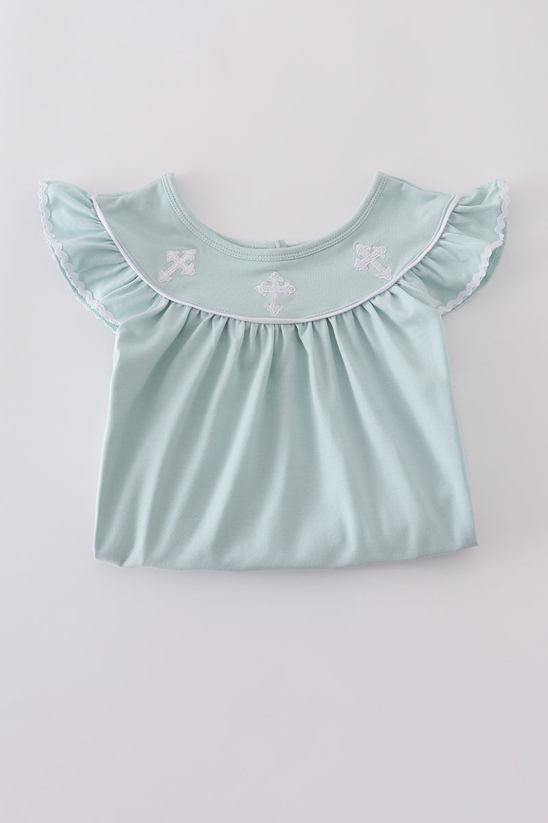 Blue cross embroidery dress for children, featuring playful patterns and soft fabric.