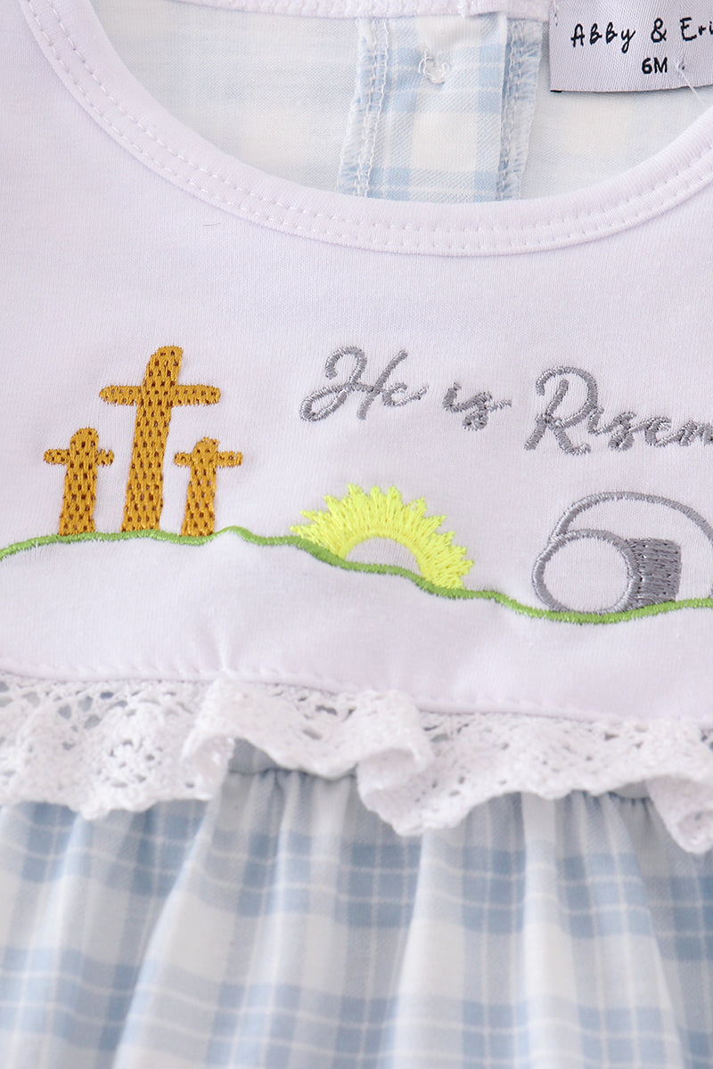 Blue plaid bubble romper with "He is Risen" embroidery, perfect for Easter.