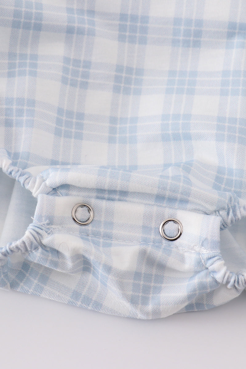 Blue plaid bubble romper with "He is Risen" embroidery, perfect for Easter.