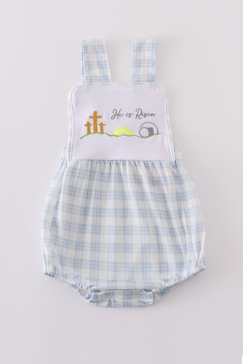 Blue plaid bubble romper with "He is Risen" embroidery, perfect for Easter.