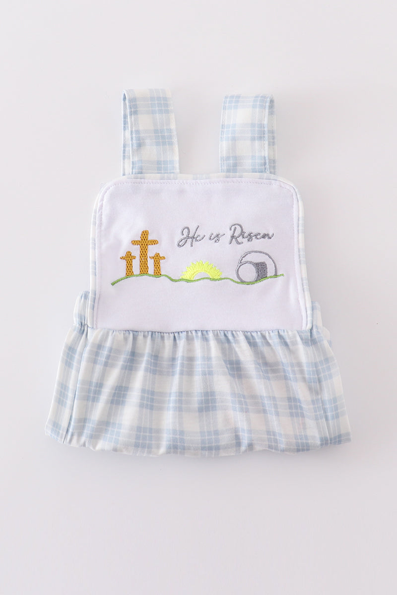 Blue plaid bubble romper with "He is Risen" embroidery, perfect for Easter.