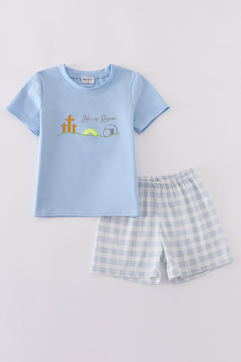 Blue plaid children's outfit with "He is Risen" embroidery, perfect for Easter.