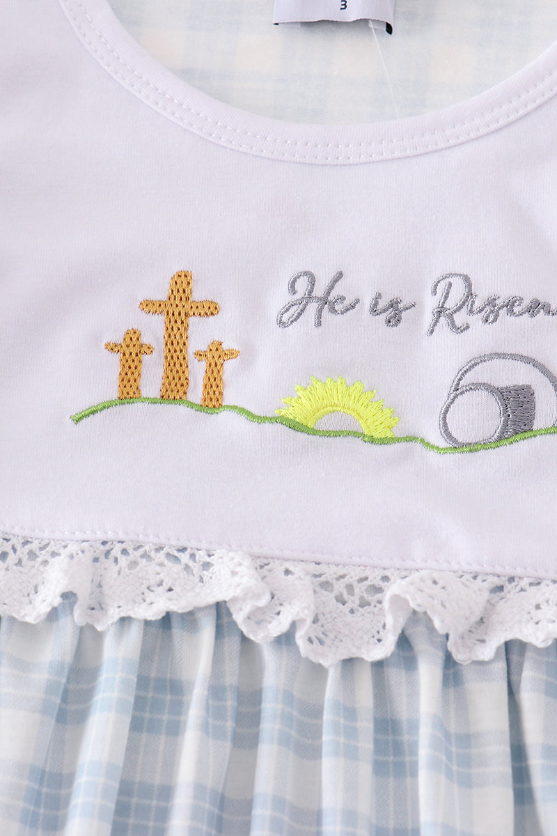 Blue plaid shirt and pants set with "He is Risen" embroidery.