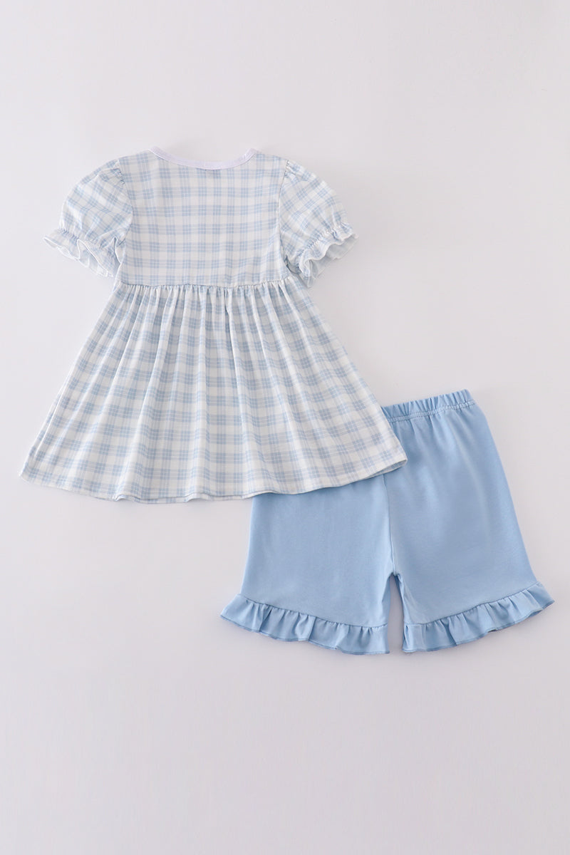 Blue plaid shirt and pants set with "He is Risen" embroidery.