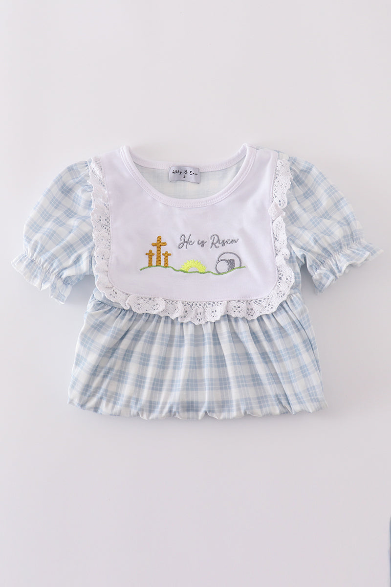 Blue plaid shirt and pants set with "He is Risen" embroidery.