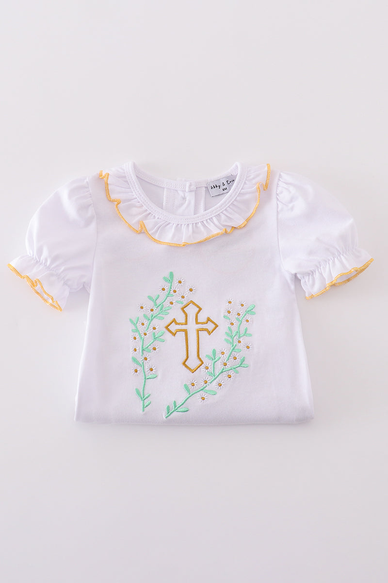 Pastel pink bubble romper with delicate Easter cross embroidery, perfect for spring celebrations.