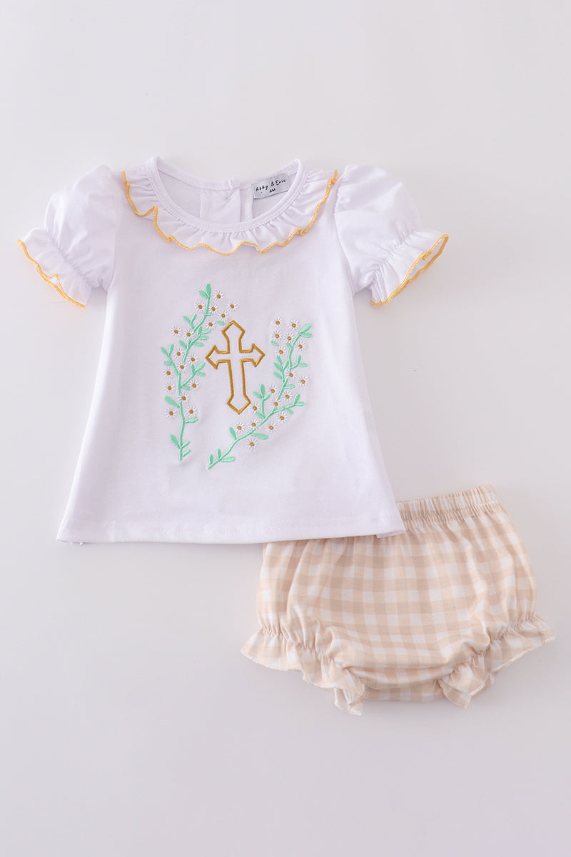 A pastel pink bloomer set with embroidered Easter crosses for girls.