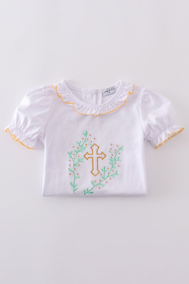A pastel pink bloomer set with embroidered Easter crosses for girls.