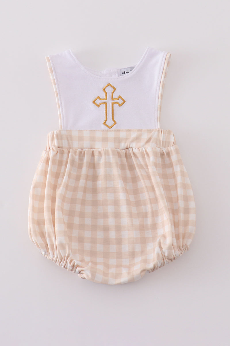 Light blue boy bubble with Easter cross embroidery, perfect for spring celebrations.