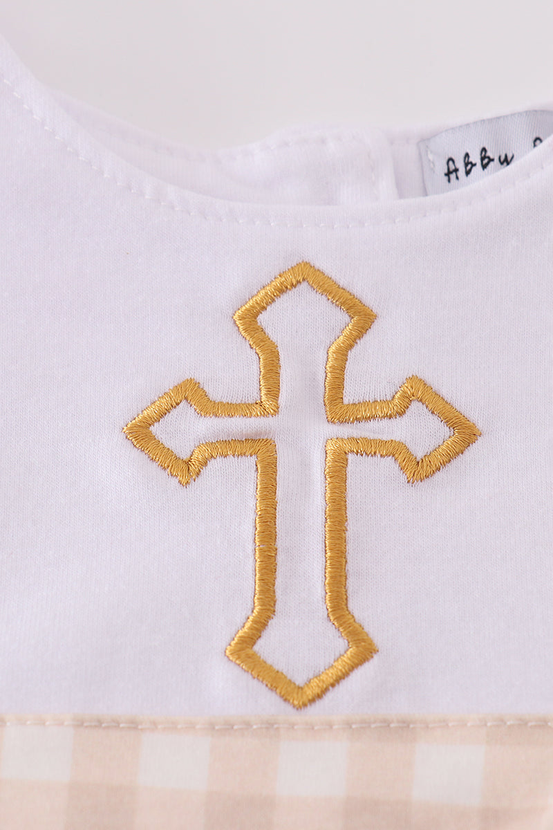 Light blue boy bubble with Easter cross embroidery, perfect for spring celebrations.