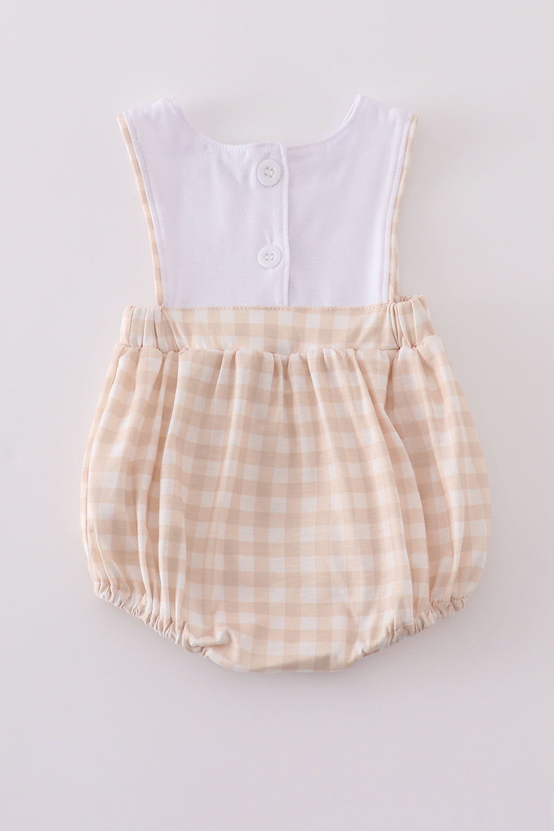 Light blue boy bubble with Easter cross embroidery, perfect for spring celebrations.