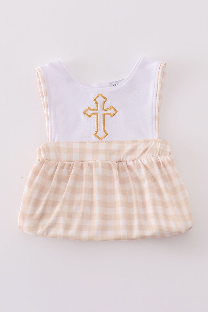 Light blue boy bubble with Easter cross embroidery, perfect for spring celebrations.
