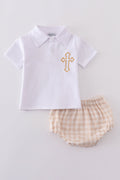 Blue boy bloomer set with Easter cross embroidery, perfect for spring celebrations.