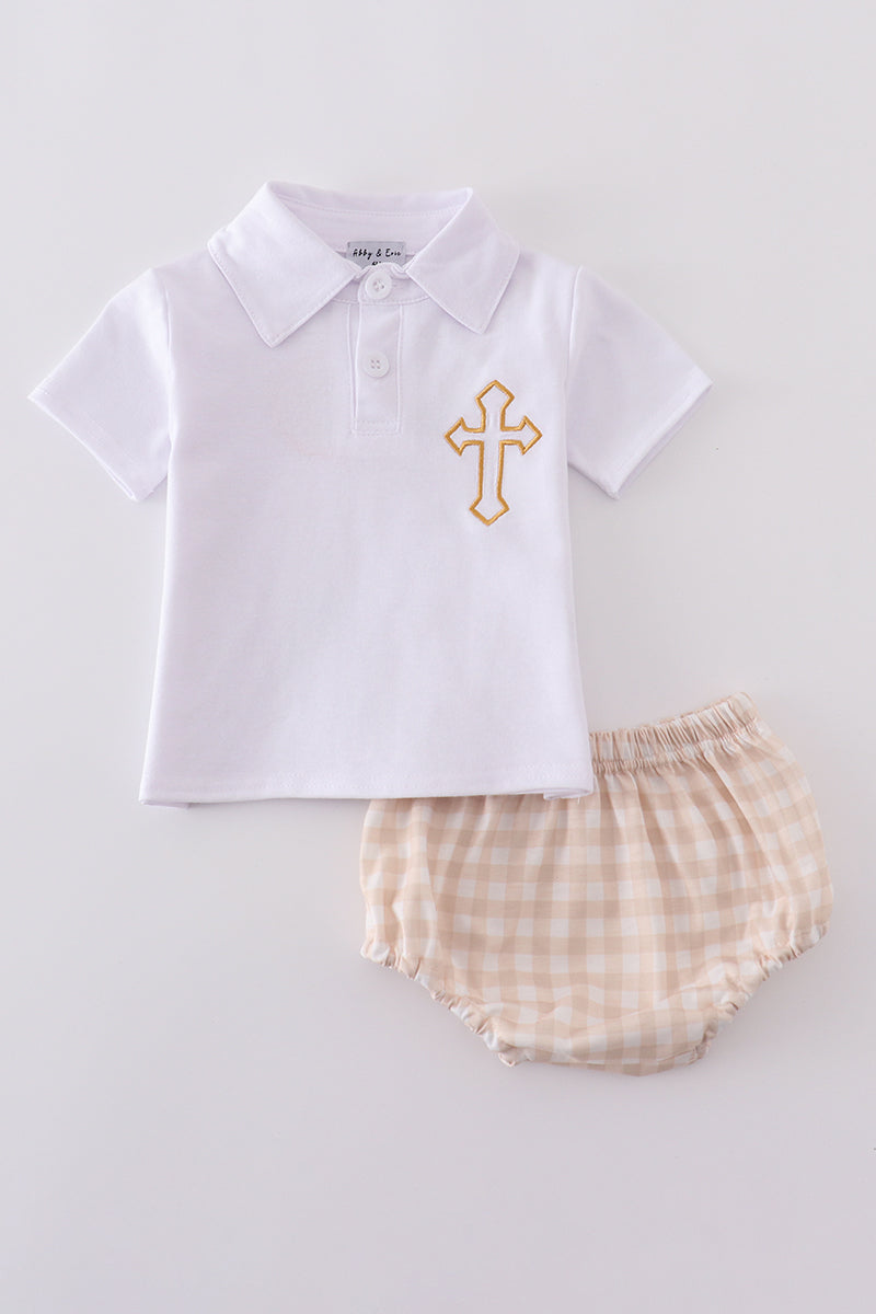 Blue boy bloomer set with Easter cross embroidery, perfect for spring celebrations.