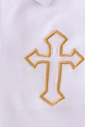 Blue boy bloomer set with Easter cross embroidery, perfect for spring celebrations.