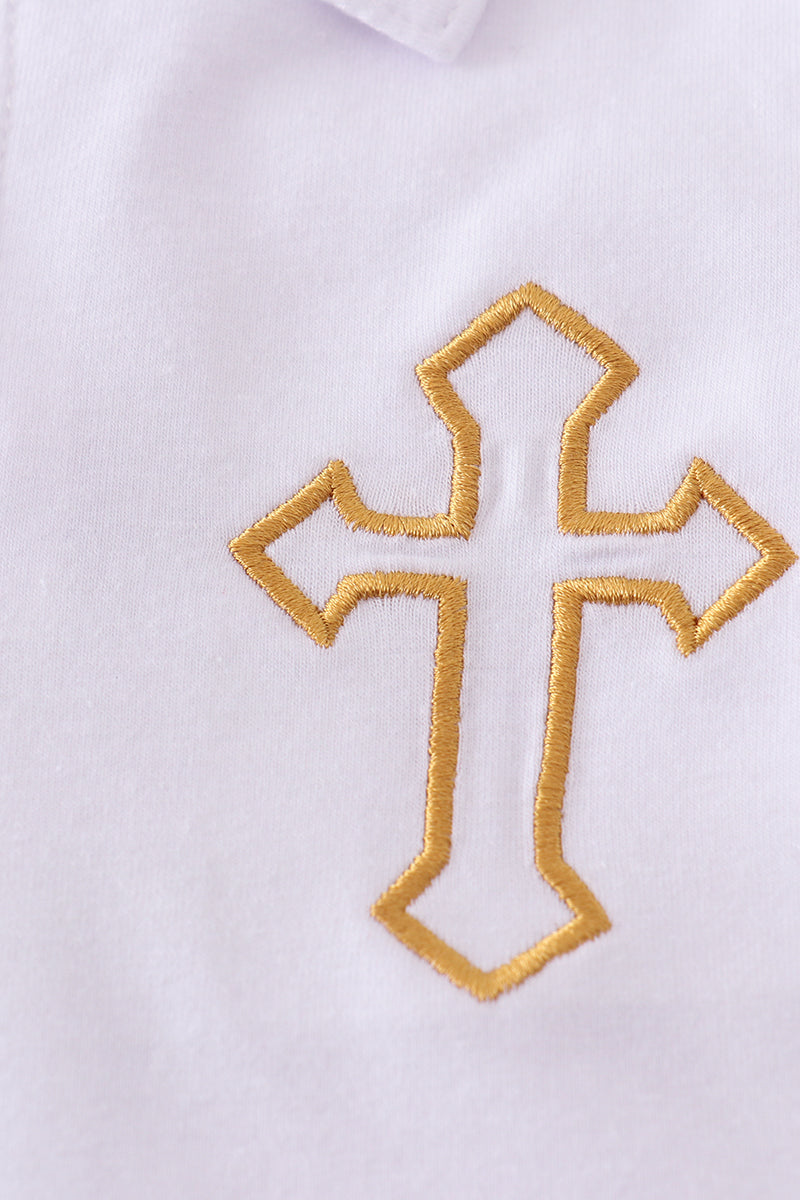 Blue boy bloomer set with Easter cross embroidery, perfect for spring celebrations.