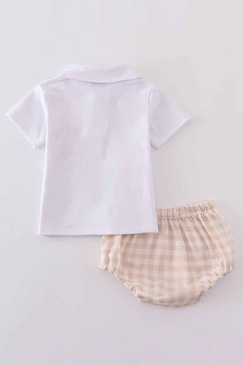 Blue boy bloomer set with Easter cross embroidery, perfect for spring celebrations.