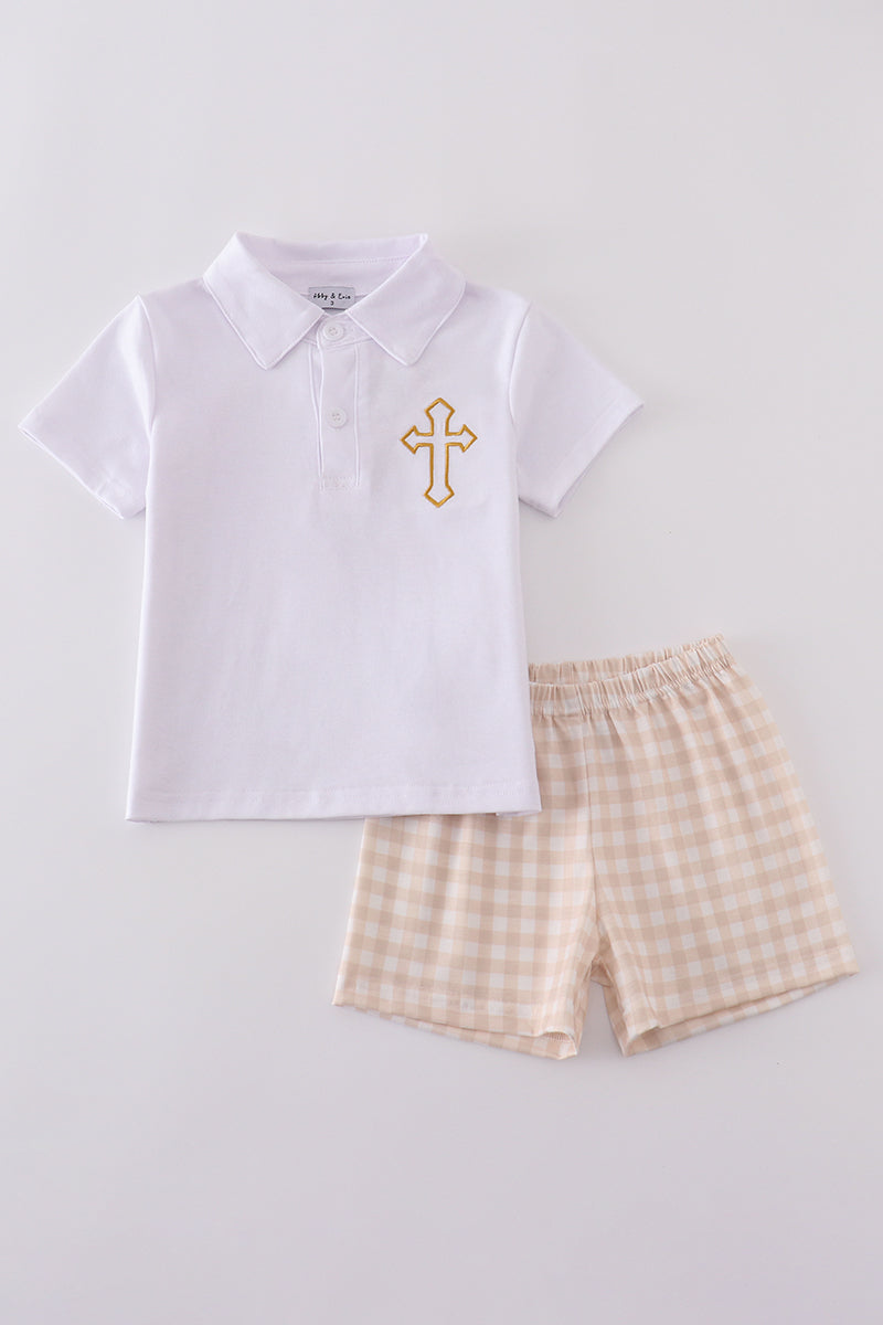 Light blue boy shorts set with Easter cross embroidery, perfect for spring celebrations.