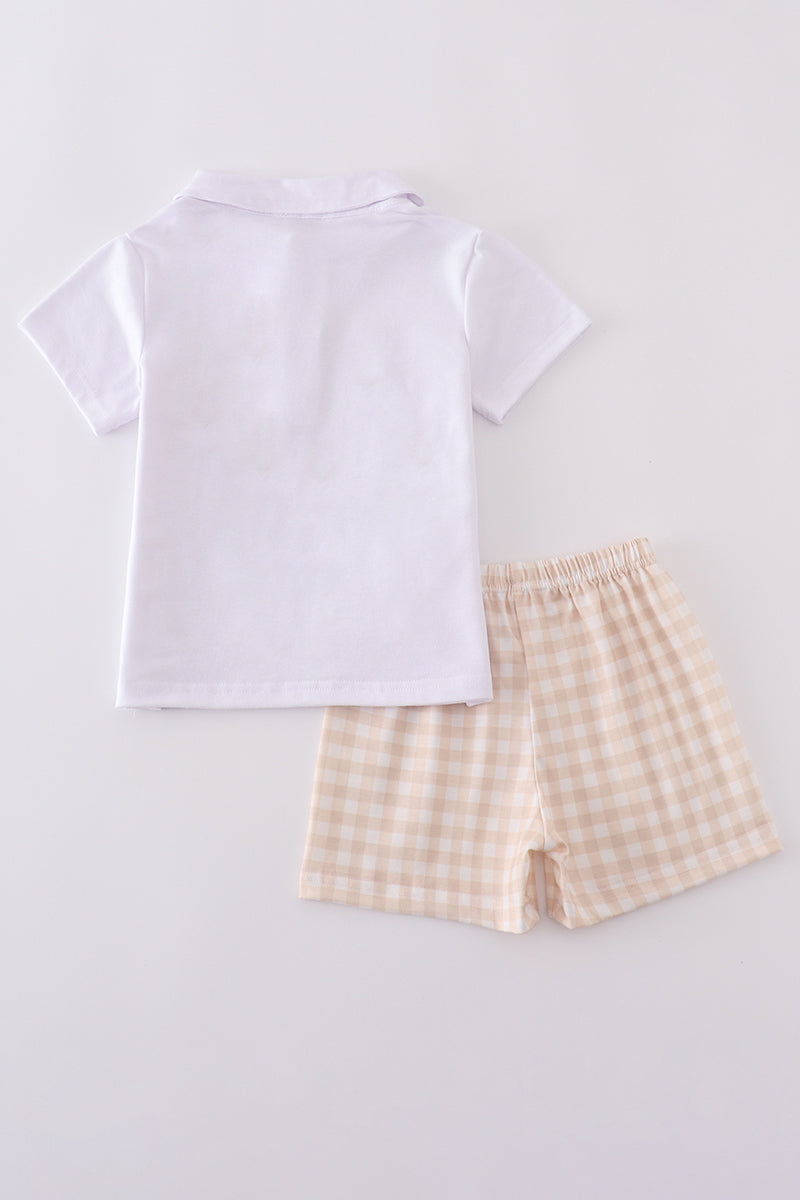 Light blue boy shorts set with Easter cross embroidery, perfect for spring celebrations.