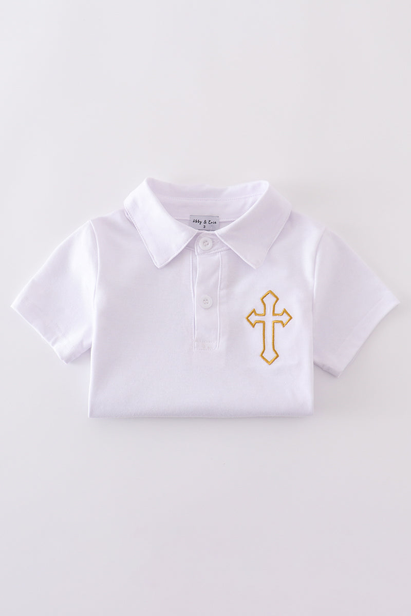Light blue boy shorts set with Easter cross embroidery, perfect for spring celebrations.