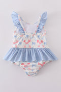 A charming blue lattice print swimsuit with a cute bow, perfect for summer fun.