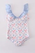 Blue lattice print mom swimsuit with a charming bow detail, perfect for summer.