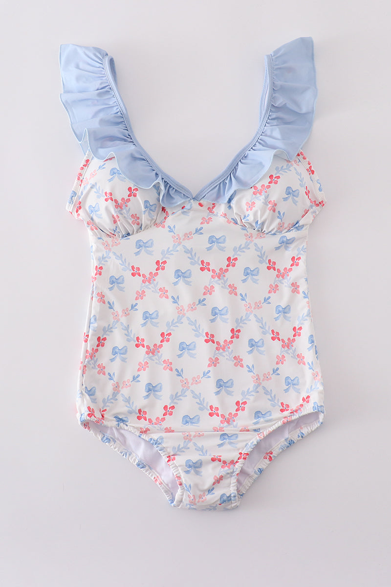 Blue lattice print mom swimsuit with a charming bow detail, perfect for summer.