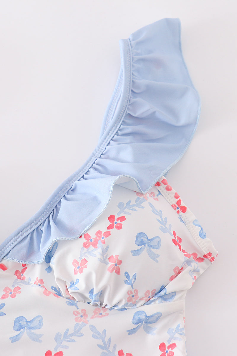 Blue lattice print mom swimsuit with a charming bow detail, perfect for summer.